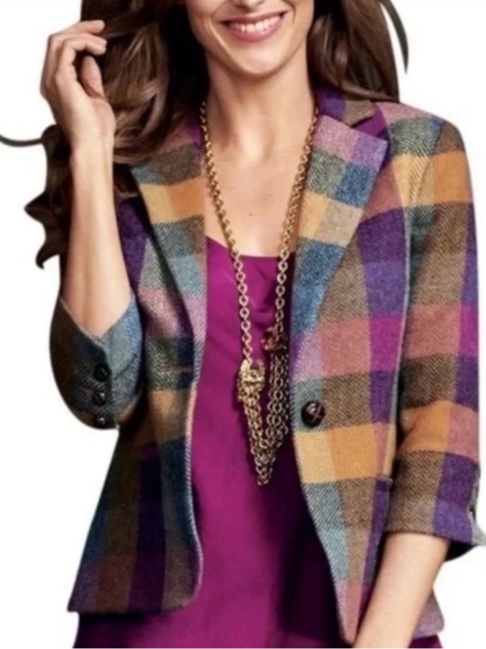 CAbi Plaid Blazer in Purple, Brown & Blue Tones
